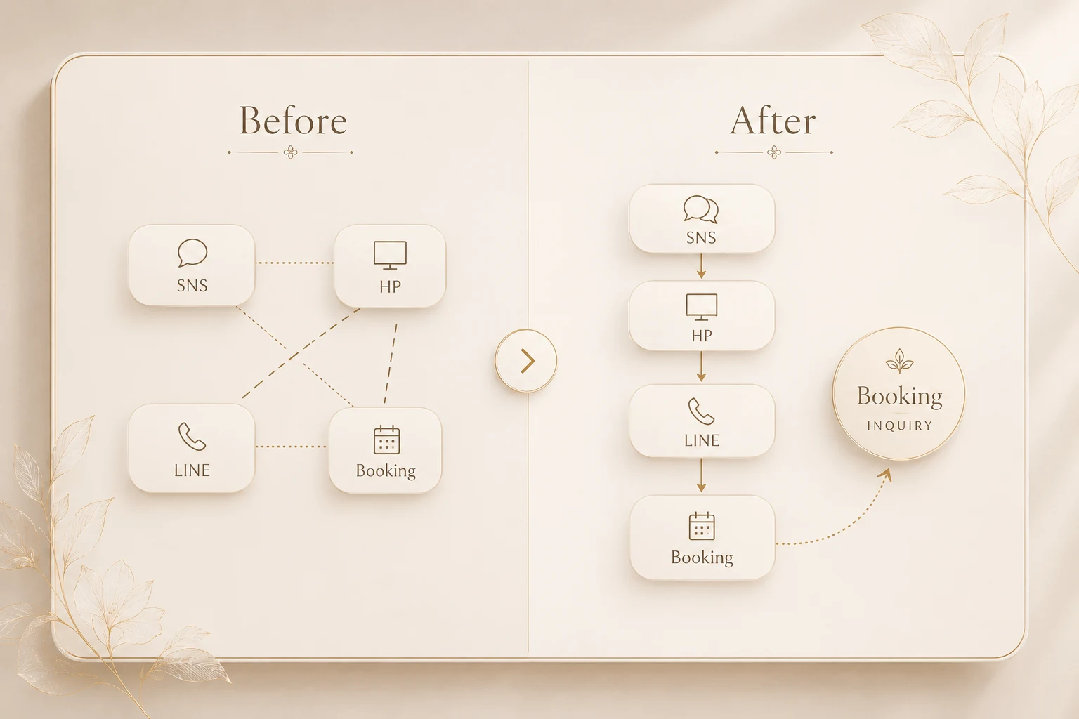 バラバラのWeb導線を予約につながる流れへ整えるBefore After図